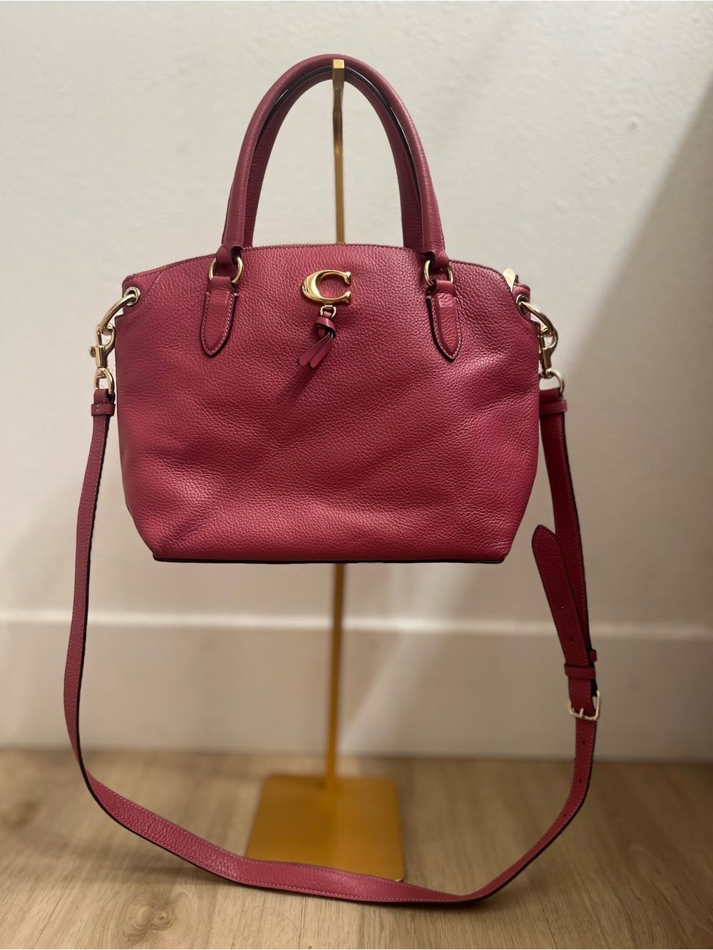 Coach Pebbled Leather Satchel in Rose-Red with Gold Hardware